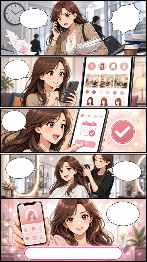 美容室のネット予約サービスのLP漫画（縦スクロール・5コマ・カラー）
